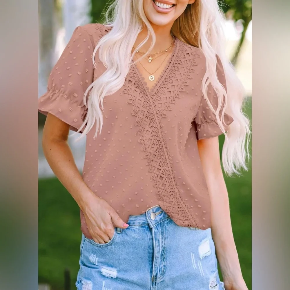 NWT Tops Short/Long Sleeve V Neck Chiffon Blouses Dressy Casual Pom Poms Shirt